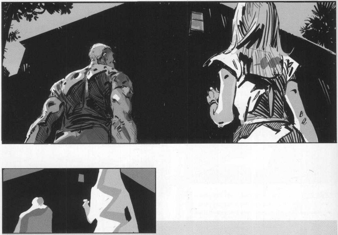 Frame 4: an extreme low view from behind both figures, looking up at a dark house mass with a small lit window at top. Below, its abstract.
