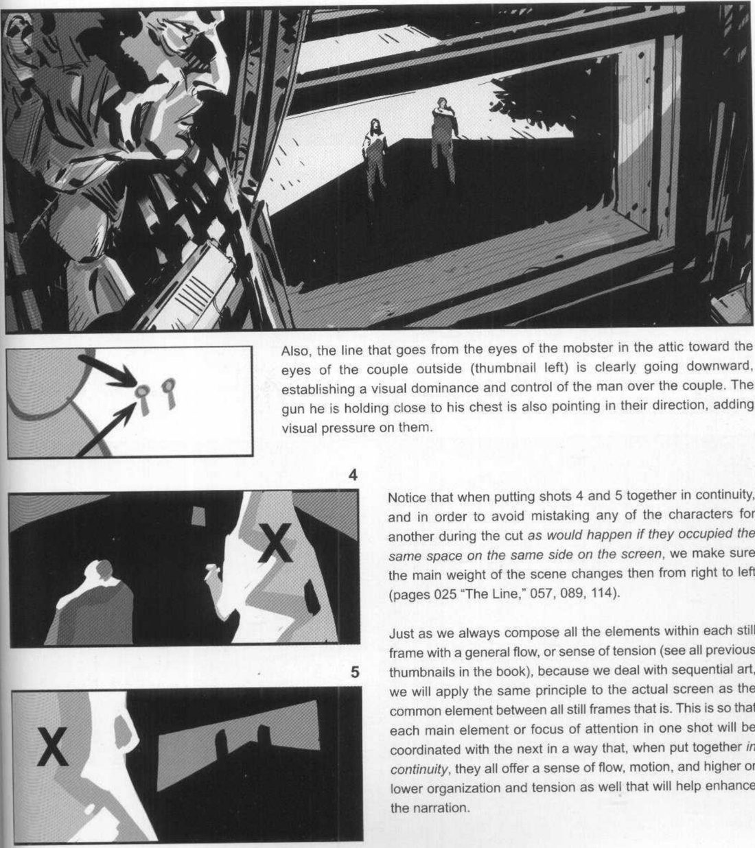 Frame 5: over a mobster's shoulder at the window, gun at his chest, the small couple below in a bright yard. A thumbnail with two arrows converging on the couple. Two stacked thumbnails numbered 4 and 5 with an X on the right in 4 and on the left in 5.