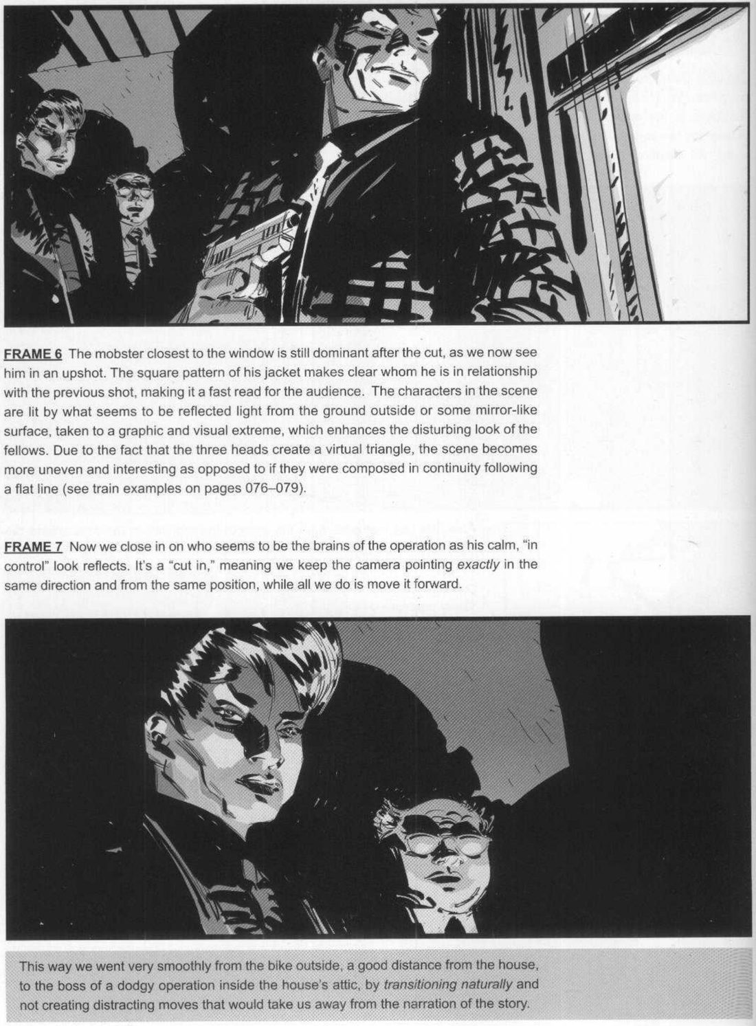 Frame 6: an upshot of a mobster in a checked jacket holding a gun, two others at left, lit from below. Frame 7: a closer shot of two of the group, a calm face at left and a man in glasses at right.