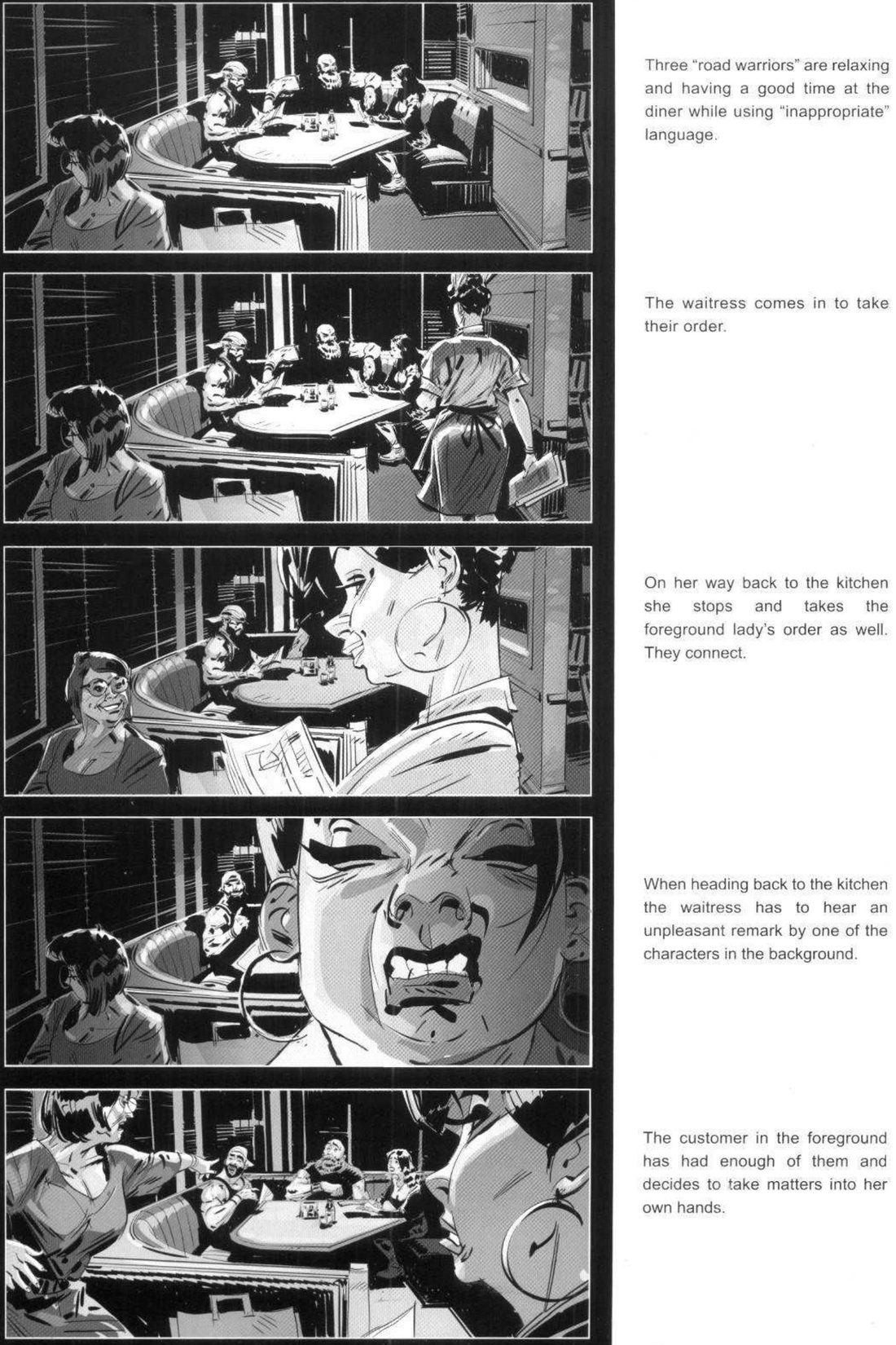Five diner panels from one fixed camera, each with a caption: the trio relaxing in a booth with a woman in the foreground; the waitress arriving; the waitress taking the foreground lady's order, close to camera; the waitress reacting close to camera to a remark; the foreground customer turning to confront the trio.