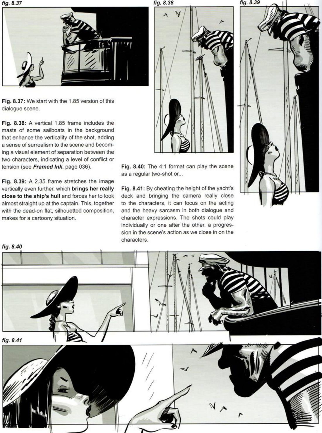 The dialogue shot in five formats: horizontal 1.85, two tall verticals with sailboat masts between the woman and the captain, a 4:1 two-shot, and a 4:1 extreme close shot of her face and pointing hand and his face.