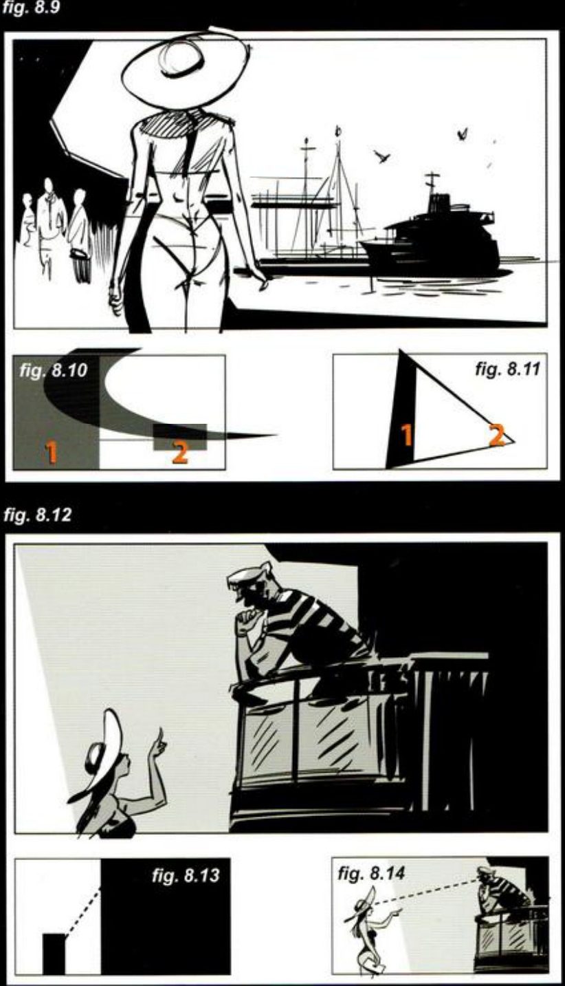 Shot 1: the woman from behind in a wide hat, walking towards a yacht, with structure thumbnails numbered 1 and 2. Shot 2: the woman small at lower left pointing up at the captain leaning over the yacht rail, with two thumbnails.