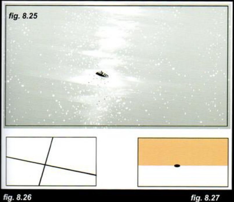 Shot 7: a tiny yacht in a wide pale ocean. Below, a thumbnail of two crossing lines and a thumbnail with an orange upper area above a small black dot.