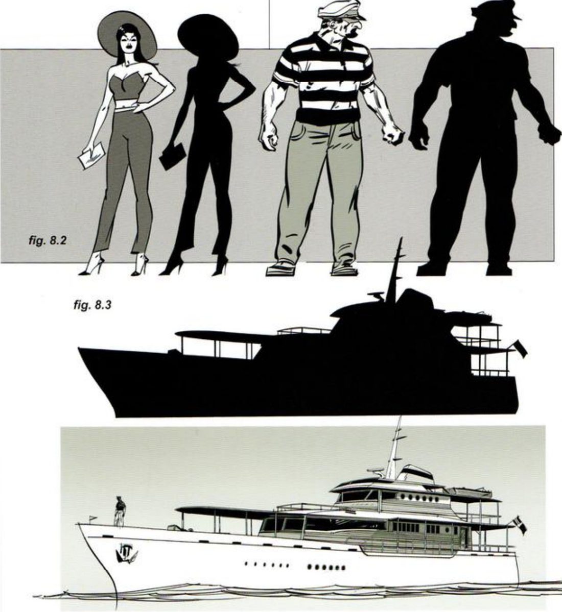 The woman and the captain each drawn twice, once rendered and once as a solid black silhouette, above a black yacht silhouette and the same yacht rendered in line.