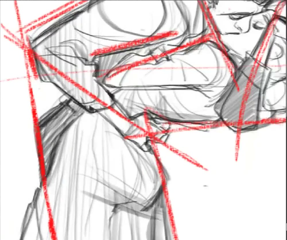Zoomed reference with red slope lines on arms, back and coat.