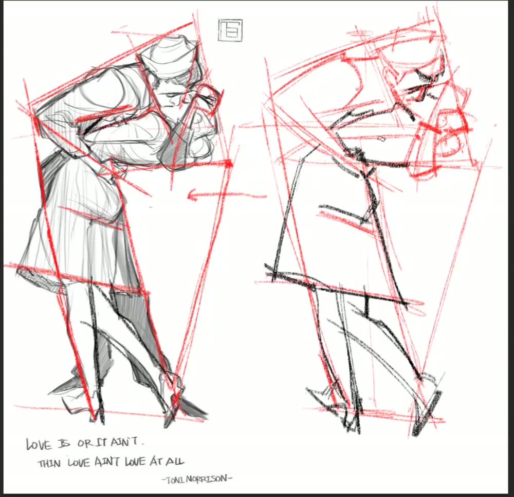 Black contour lines over the red scaffold, with the figures emerging.
