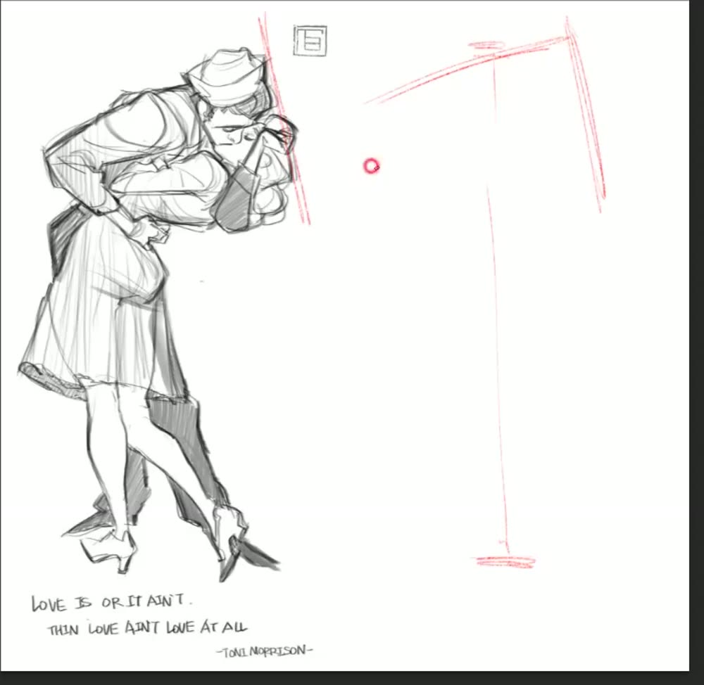 The couple reference and, on the right, the first red top, bottom and width guides.