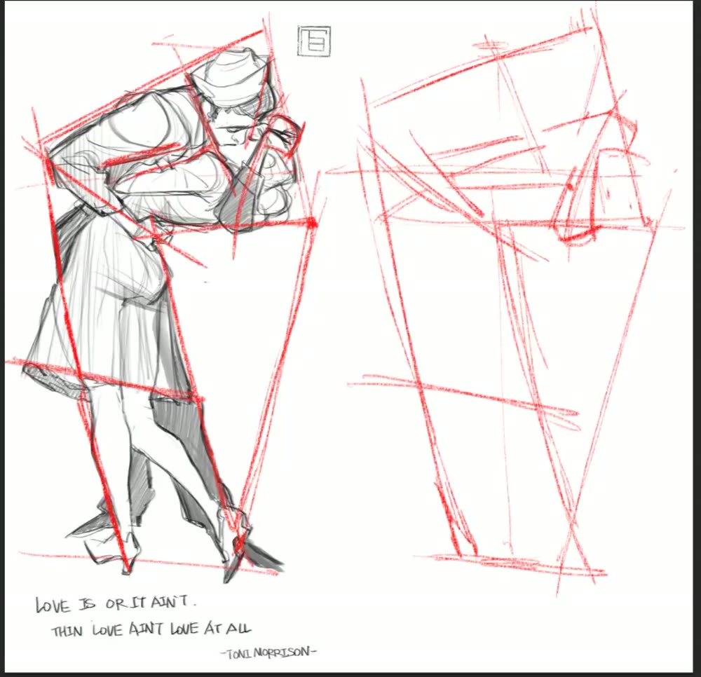 The red scaffold of subdivided straight lines on both sides, no figures yet on the right.