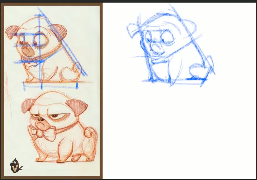 The finished freehand pug next to its reference.