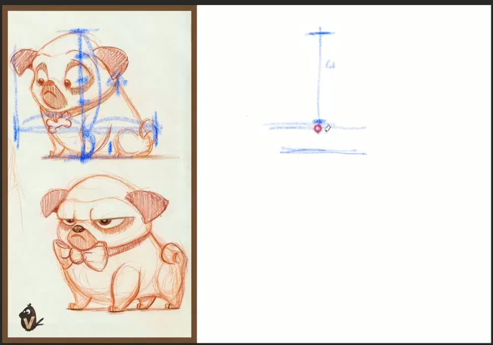 Blue extreme marks and a cross line on the pug reference; the copy has a vertical, the cross line and a red dot at the division.