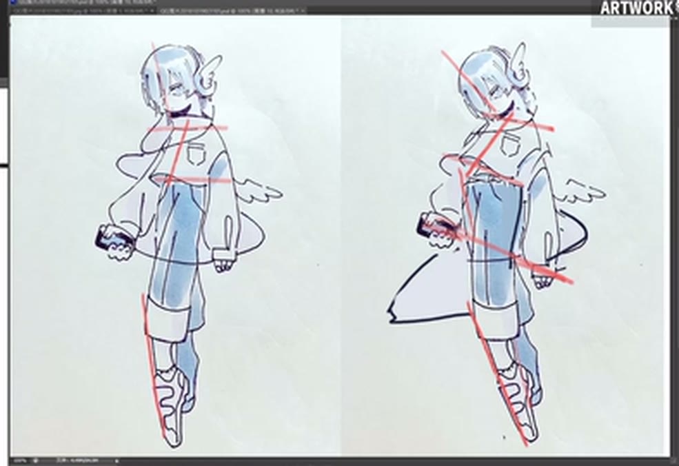 Red direction lines on the original and the altered version side by side.