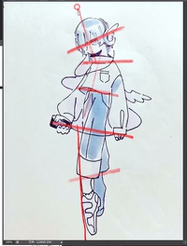 An online sketch of a standing winged figure with red direction lines.