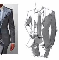 The suit drawing developed with grouped dark areas.