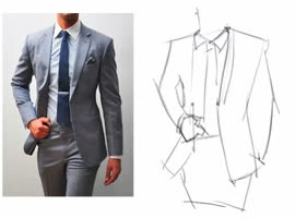 A suit photograph beside Krenz's sparse angular drawing of the outline and lapels.