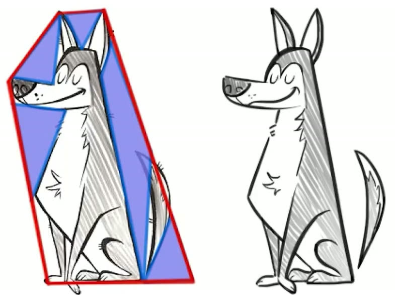 A cartoon dog with a red angular enclosure and blue shapes marking the spaces around the ears, muzzle and chest.