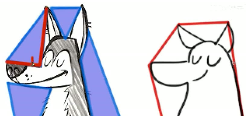 Left: the reference dog with a red triangle between the ears and a right angle marked by the muzzle. Right: the remembered dog with wider, lower ears.