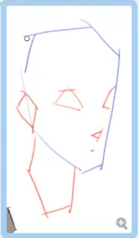 A head enclosed by about six straight blue and red lines.