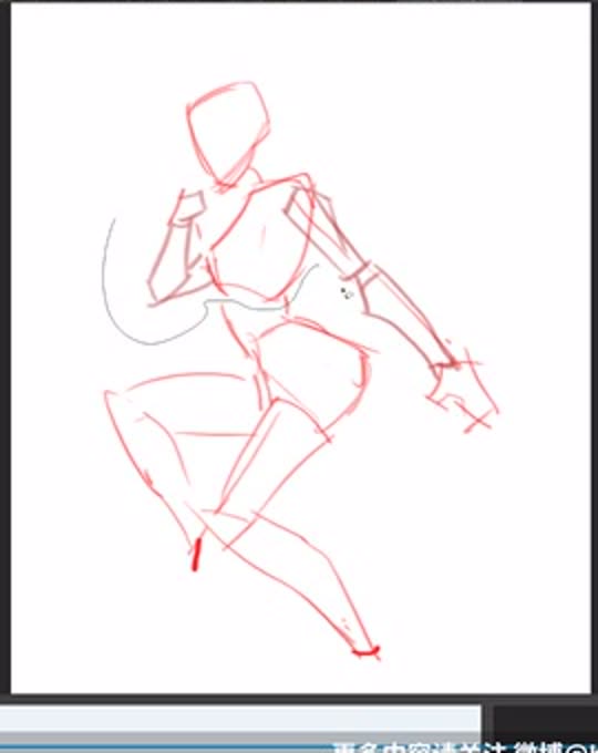 A red sketch of an invented crouching figure built from angular pieces.