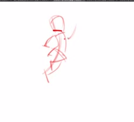 A sparse red gesture of the figure drawn from memory.
