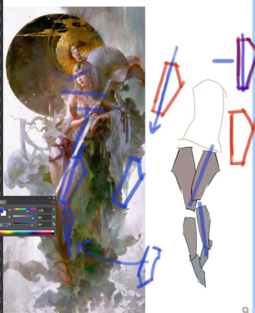A painted fantasy illustration with blue polygon outlines over the legs, and beside it the grey pieces assembled into legs with blue centre lines.