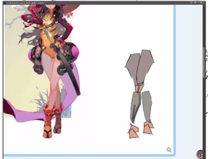 A game-style character illustration on the left, and on the right the same polygon pieces assembled to match her legs.