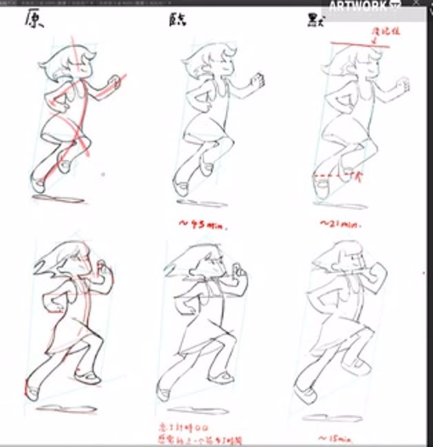 A student sheet with three columns of a running chibi figure: original, copy and memory, with red analysis lines.