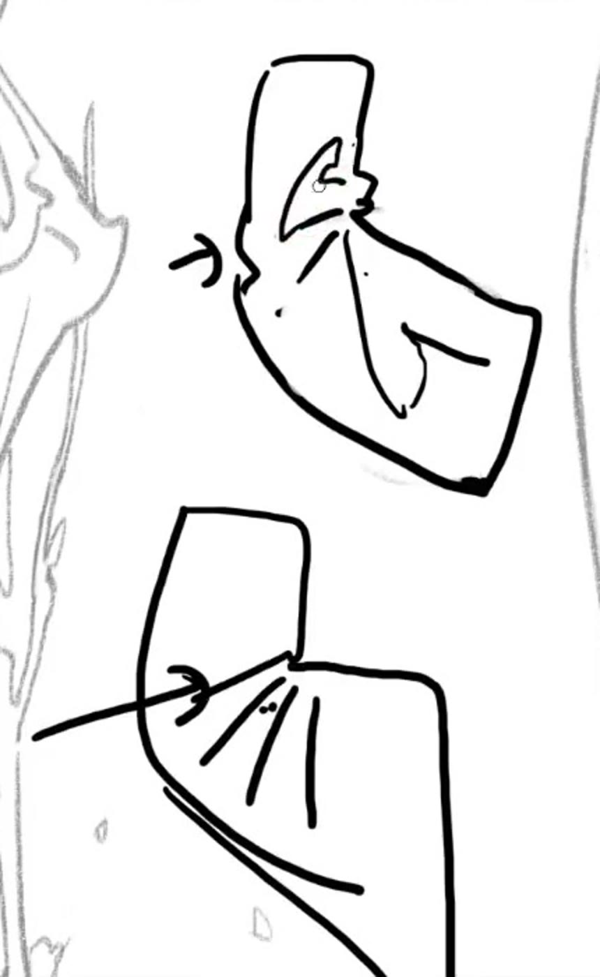 Two quick sleeve sketches. The top one has the fold notched into its outline; the lower one keeps a clean outline with fold lines inside.