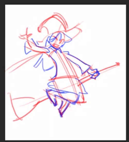 Krenz's red and blue memory reconstruction of the witch on her broom.