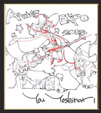 A signed Yoh Yoshinari sketch of a witch on a broom, with Krenz's red analysis lines.
