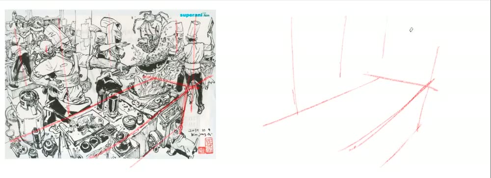 Red direction lines and verticals on the kitchen reference, and the same few lines rebuilt on blank canvas.
