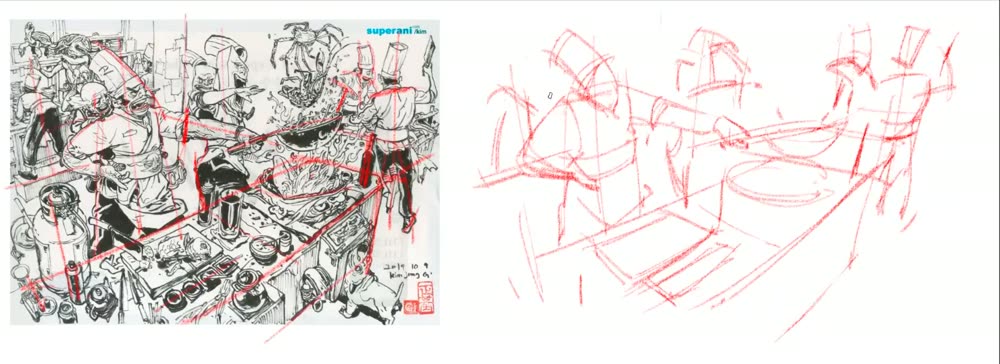 Rough red figures, hats and counter in space, no detail.