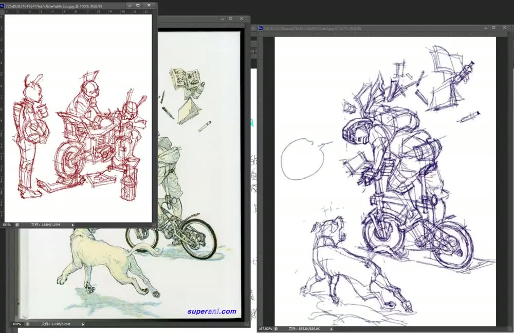 His older red motorcycle study and a purple line study of a bicycle scene.