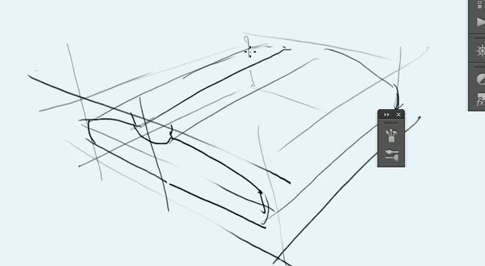 A perspective slab with a dip and two grooves, with guide lines.
