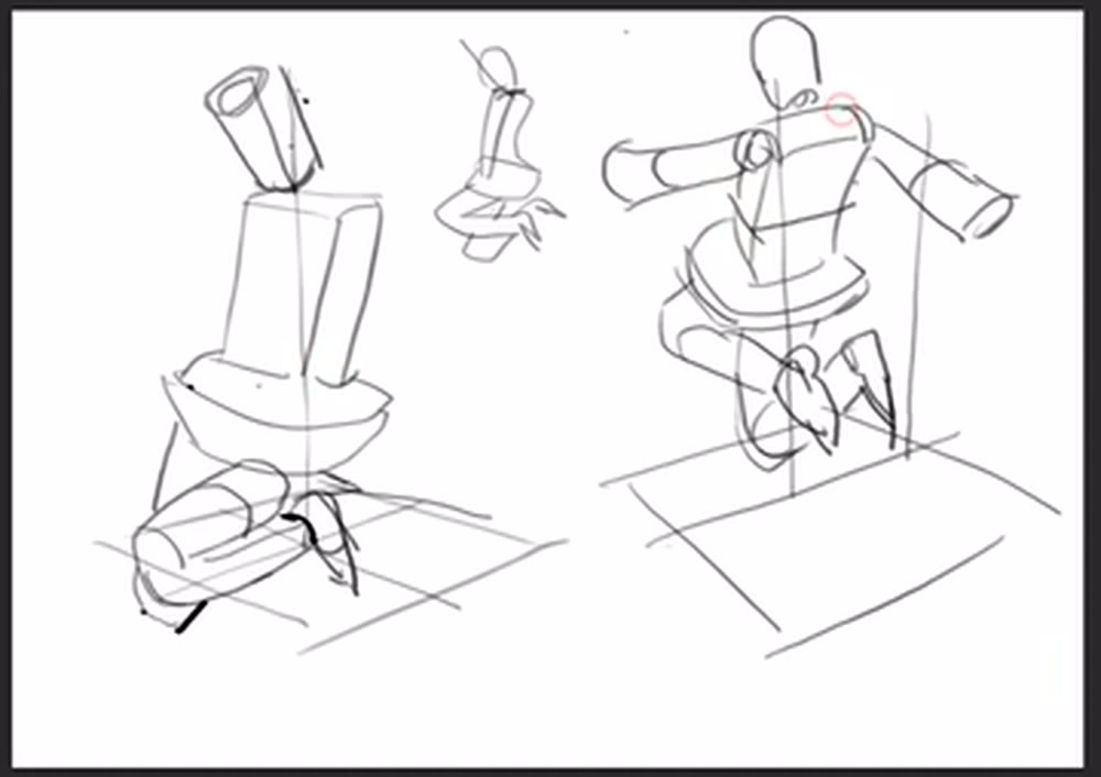 The first volumetric version, the small pose sketch, and a second version on a differently angled floor.