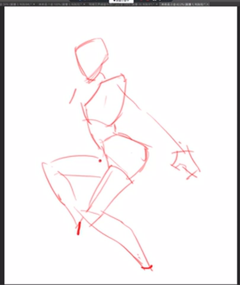 A red lay-in of an invented action figure from angular polygon pieces.