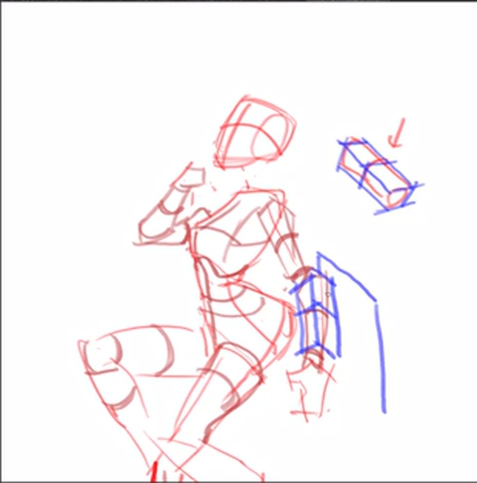 The figure with red cylinder divisions, a blue box built on the forearm, and a blue shield attached; a small cylinder-to-box example above.