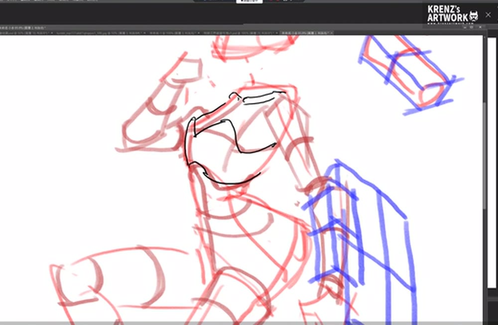 The figure zoomed in with black clavicle and chest shapes over red volumes and a blue shield.