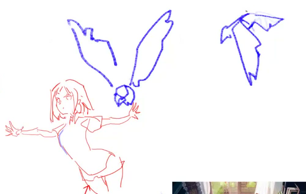 A blue simplified eagle with raised wings on the anime girl's outstretched hand, and a smaller simplified bird to the right.