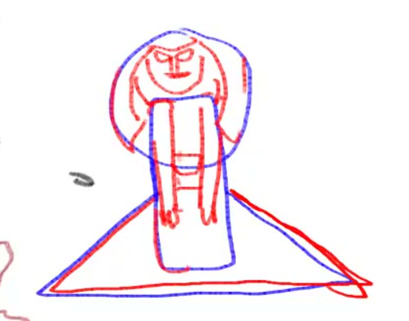 The same base filled in red with a face, side hair, arms and the triangle as a skirt.