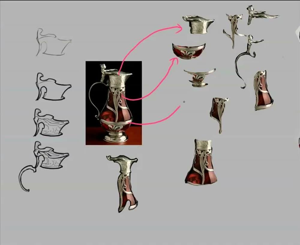The jug photo with pink arrows to separated cut-outs, and line drawings of parts on the left.
