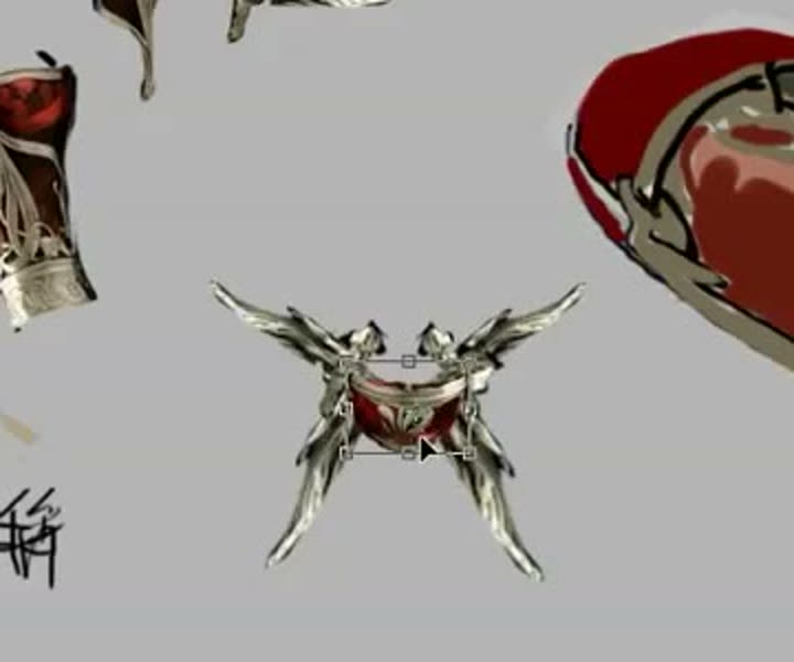 A mirrored winged pair with a central part, transform box active.