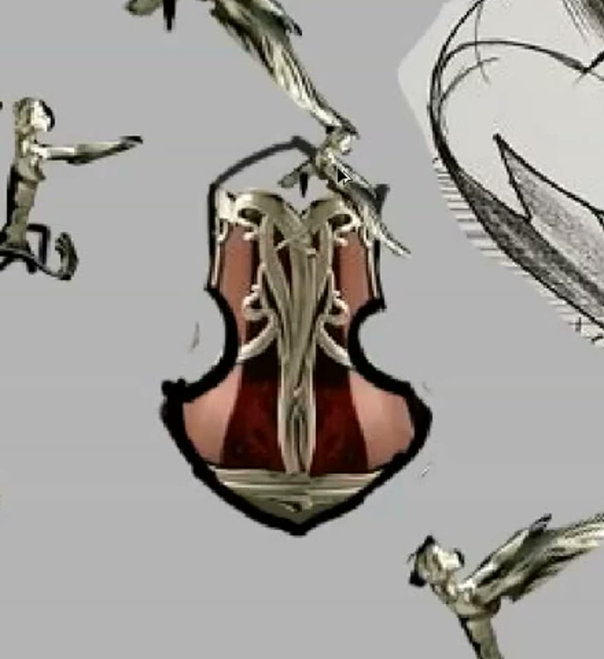 A shield shape with a thick black border and a figurine part at the top.