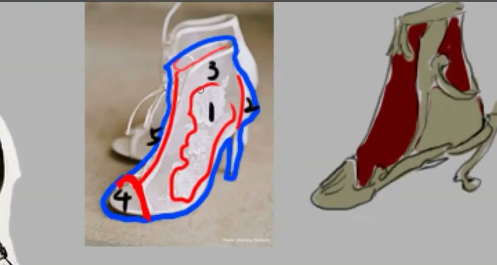 A shoe photo with silhouette, internal cuts and numbered regions, beside the jug-themed shoe.