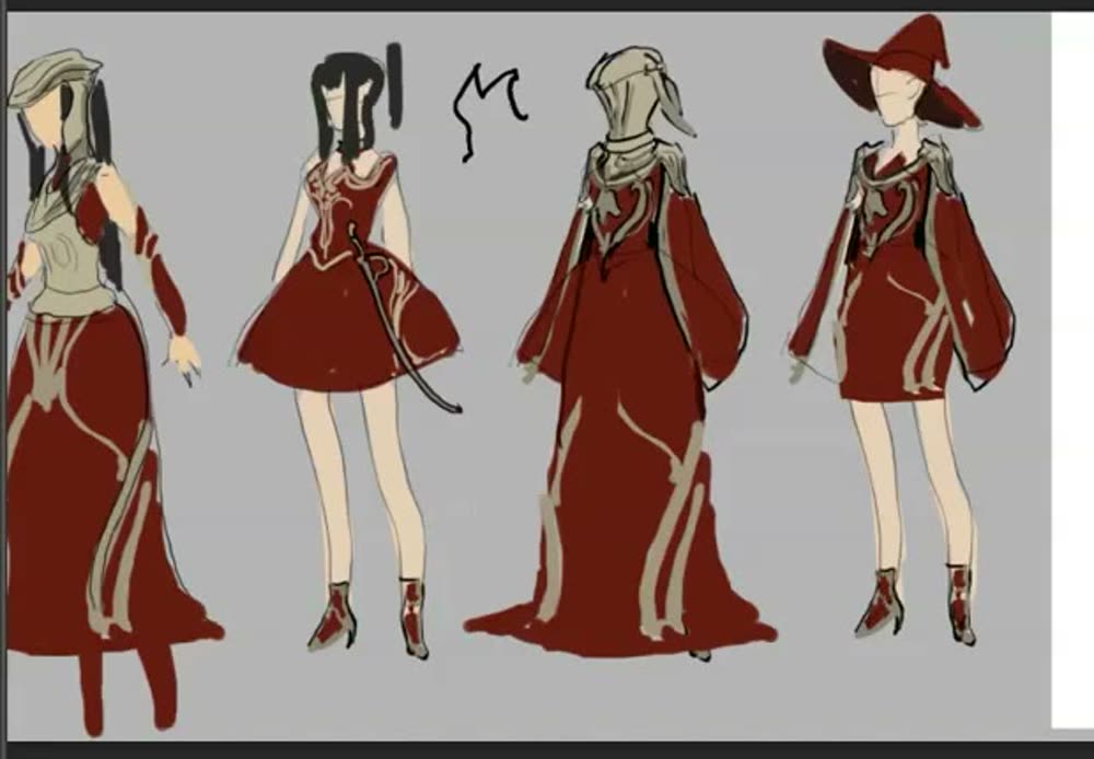 Four red and gold outfit variants.