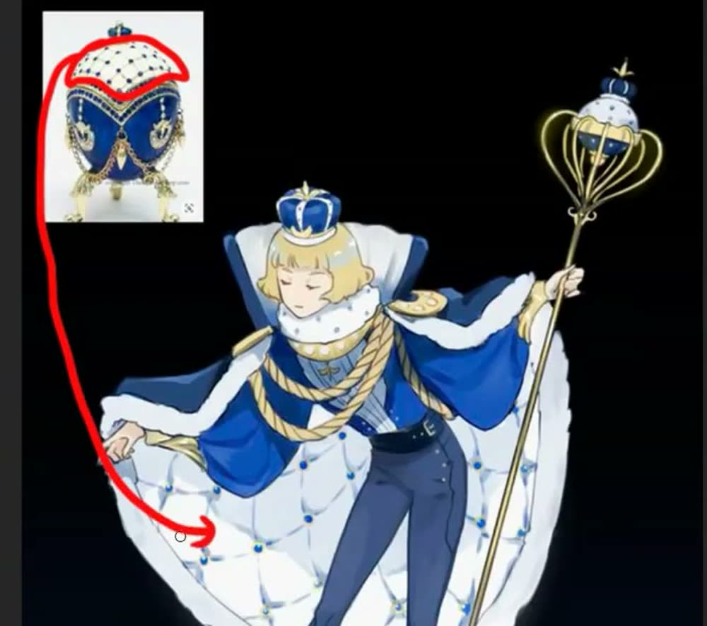 Another artist's king character with the source ornament inset and an arrow from its pattern to the cape lining.