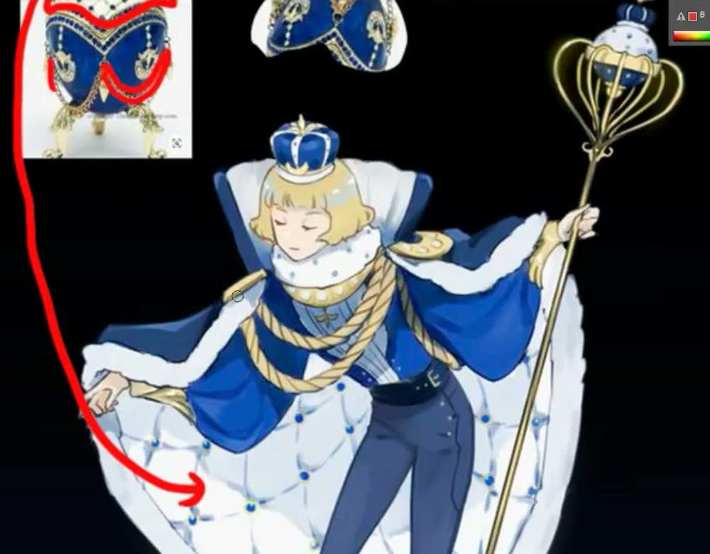 The flipped piece of the ornament placed near the crown.