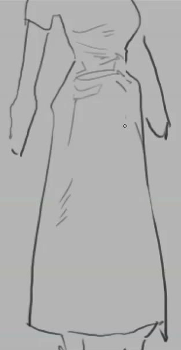Line drawing of a plain long dress with a few short grey fold strokes at the waist and side.
