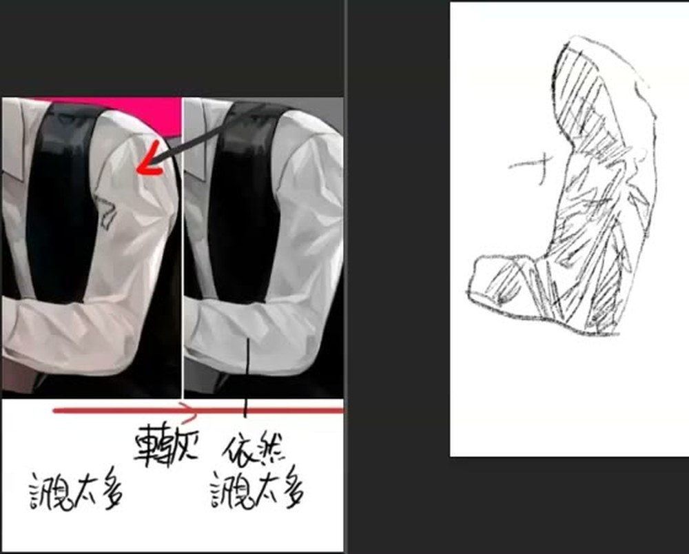 Left: the arm reference in colour and greyscale with labels. Right: a loosely hatched pencil-style arm drawing.