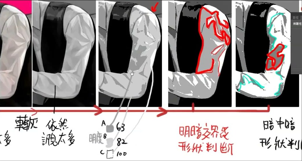 The arm strip with a red outline around the lit sleeve shape in one panel and around a darker shape inside the shadow in the next.