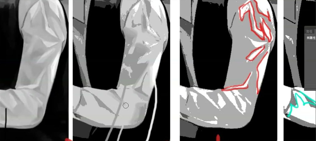 Greyscale arm, posterized arm with some soft transitions painted in, and the outlined panel.